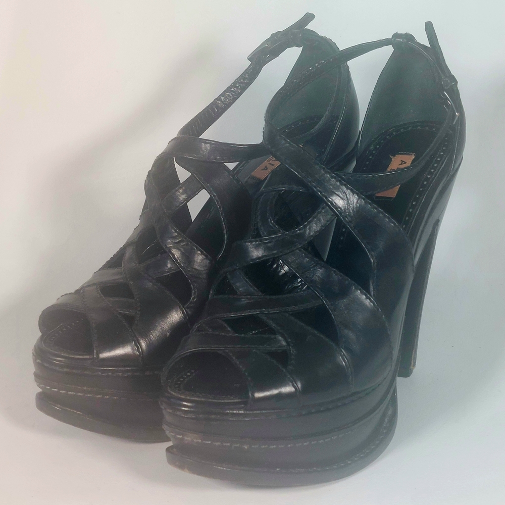 Alaia Black Leather Peep-toe Cage Platforms, EU40, EUC